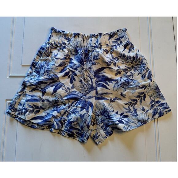 H&M Size XS Blue Off White Floral Linen Blend Elastic Waist Pockets Shorts - Picture 1 of 6